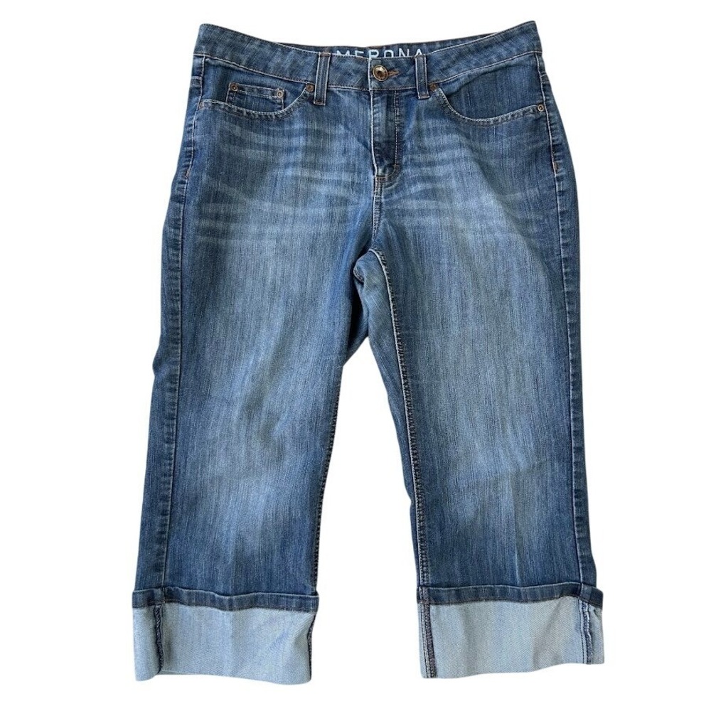 Merona Womens‎ Mid Rise Medium Wash Denim Cuffed Capri Jeans Blue Size 12